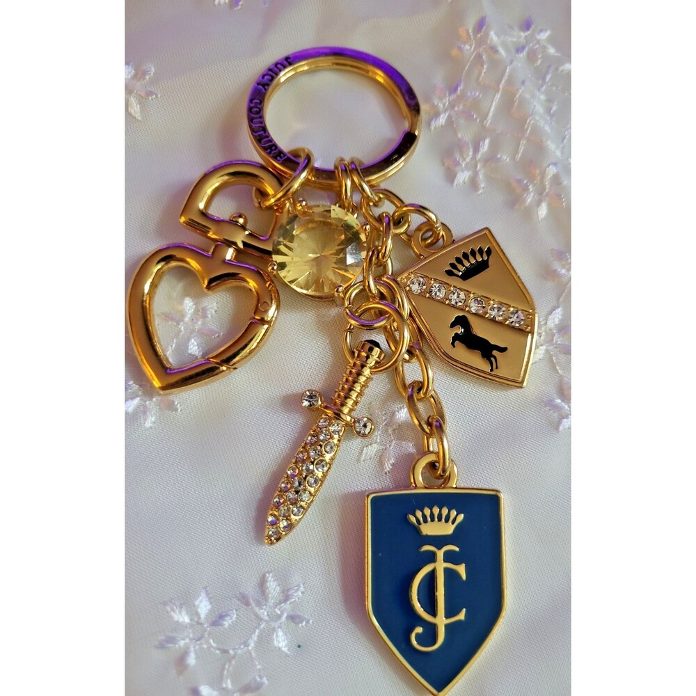 Juicy Couture Shield & Sword Keychain Bag Charm Rhinestone Horse Crown Heart